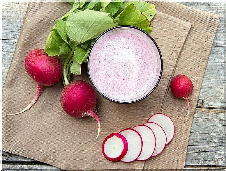 Vegetable juice made from radishes, celery and red cabbage